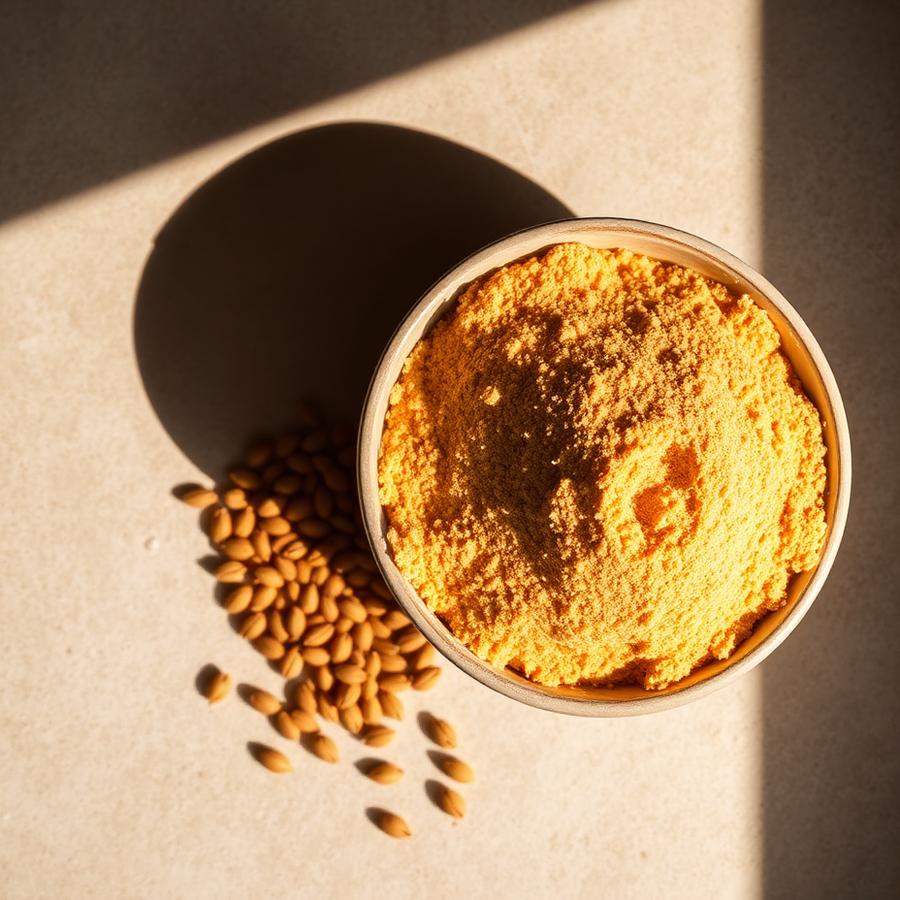 Bowl of stone-ground bansi wheat atta with wheat grains