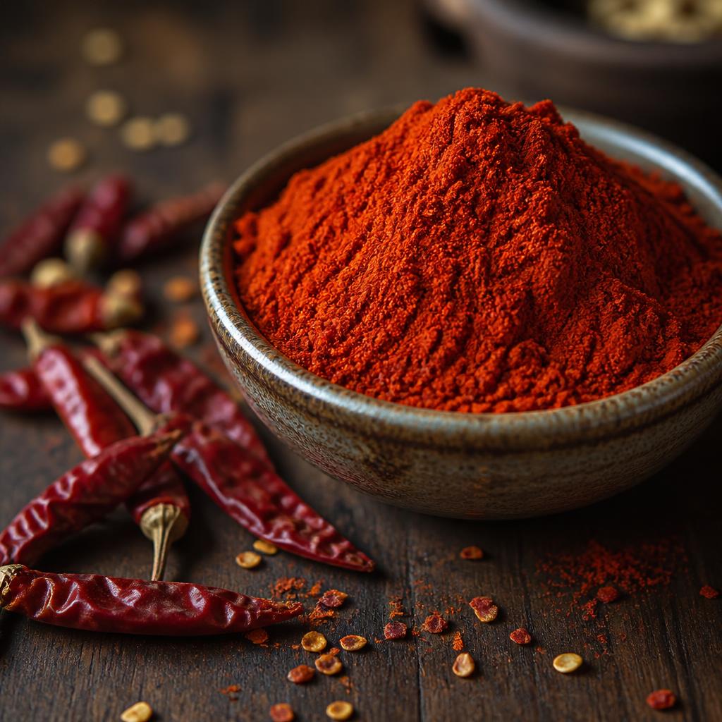 Bowl of red chilli powder with whole dried chillies beside it