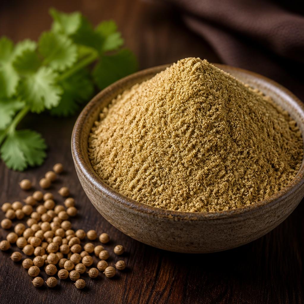 Bowl of coriander powder with whole coriander seeds beside it