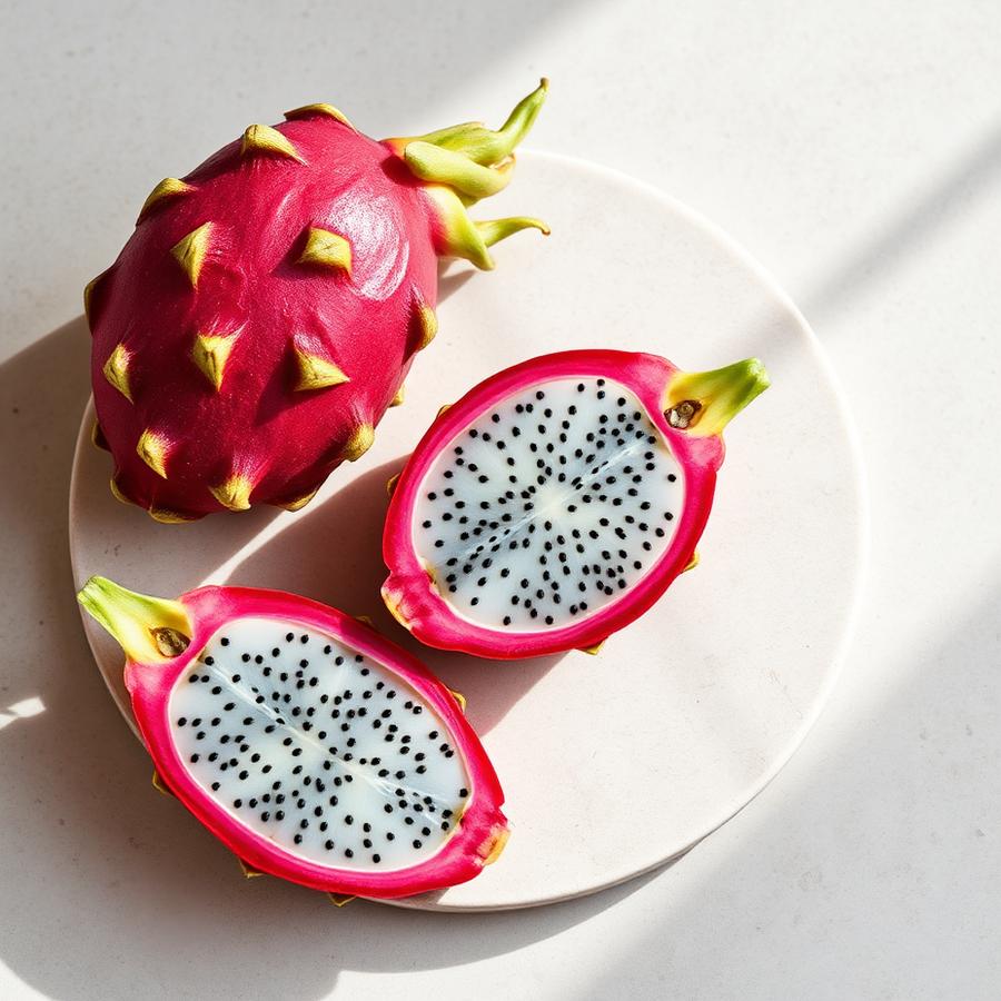 Whole and halved dragon fruit