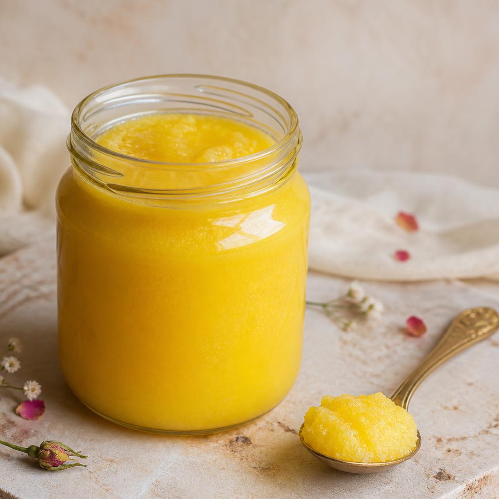 Glass jar of golden pure cow ghee