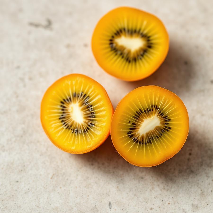 Golden kiwi fruit halved showing yellow flesh