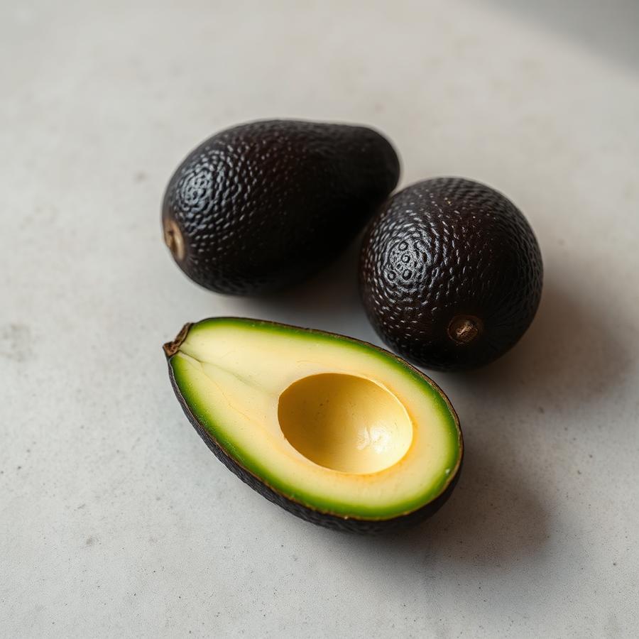 Whole and halved Hass avocados