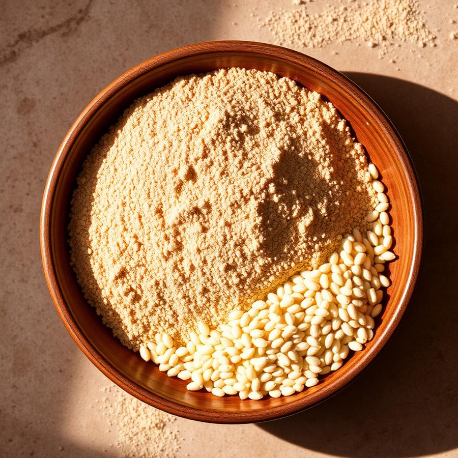 Bowl of stone-ground jowar atta with whole sorghum grains