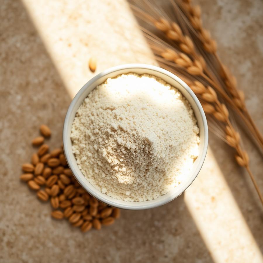 Bowl of stone-ground khapli emmer wheat atta with whole emmer grains