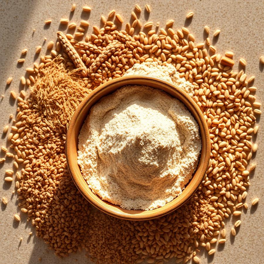Bowl of stone-ground multigrain atta surrounded by whole grains