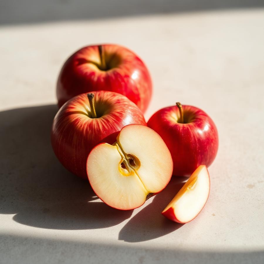Fresh red apples, one sliced
