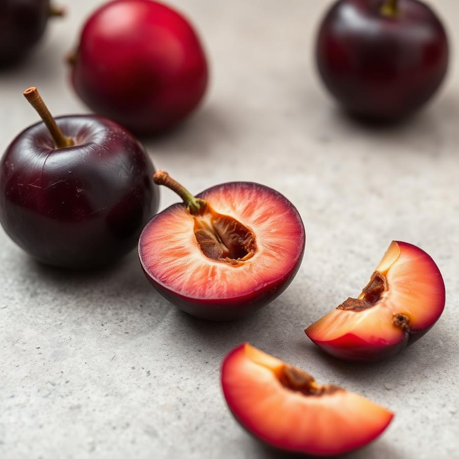 Dark red plums, one halved