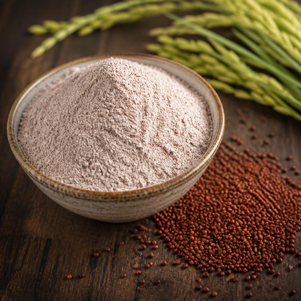 Bowl of natural stone-ground ragi atta with whole ragi grains