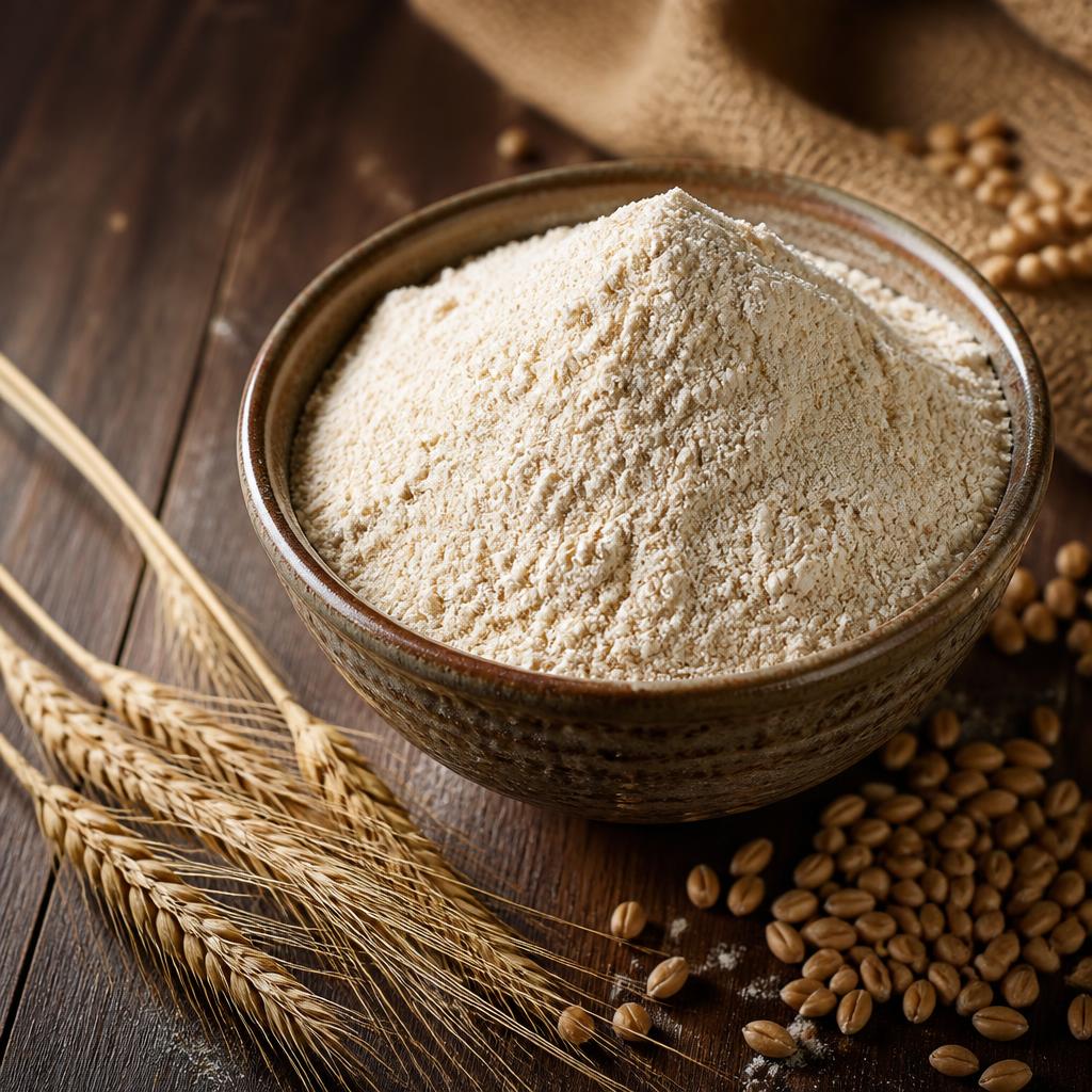 Bowl of natural stone-ground sharbati wheat atta with wheat grains