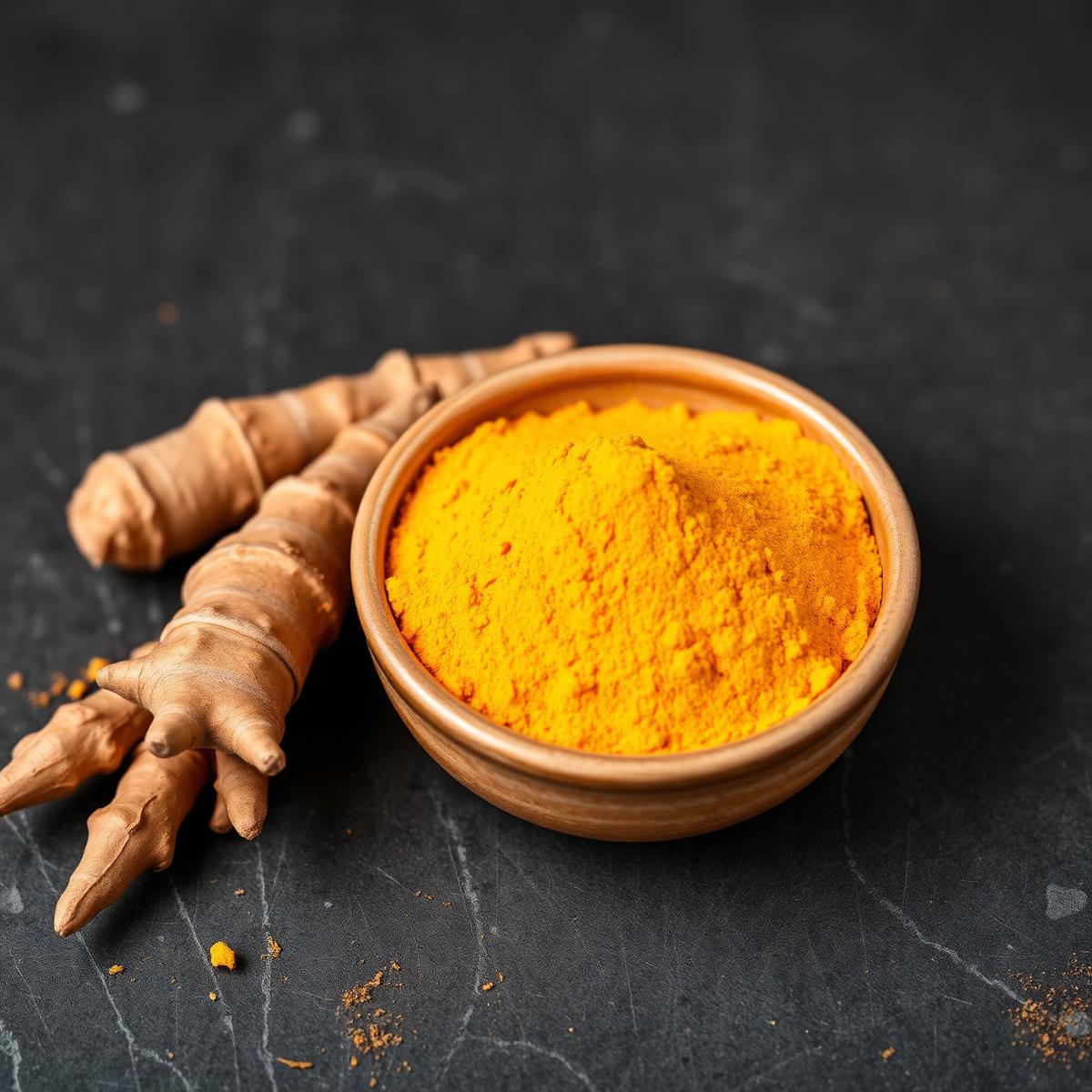 Bowl of golden turmeric powder beside whole turmeric roots